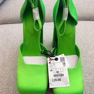 Zara Neon Green Square-Toe Block Heel Pumps